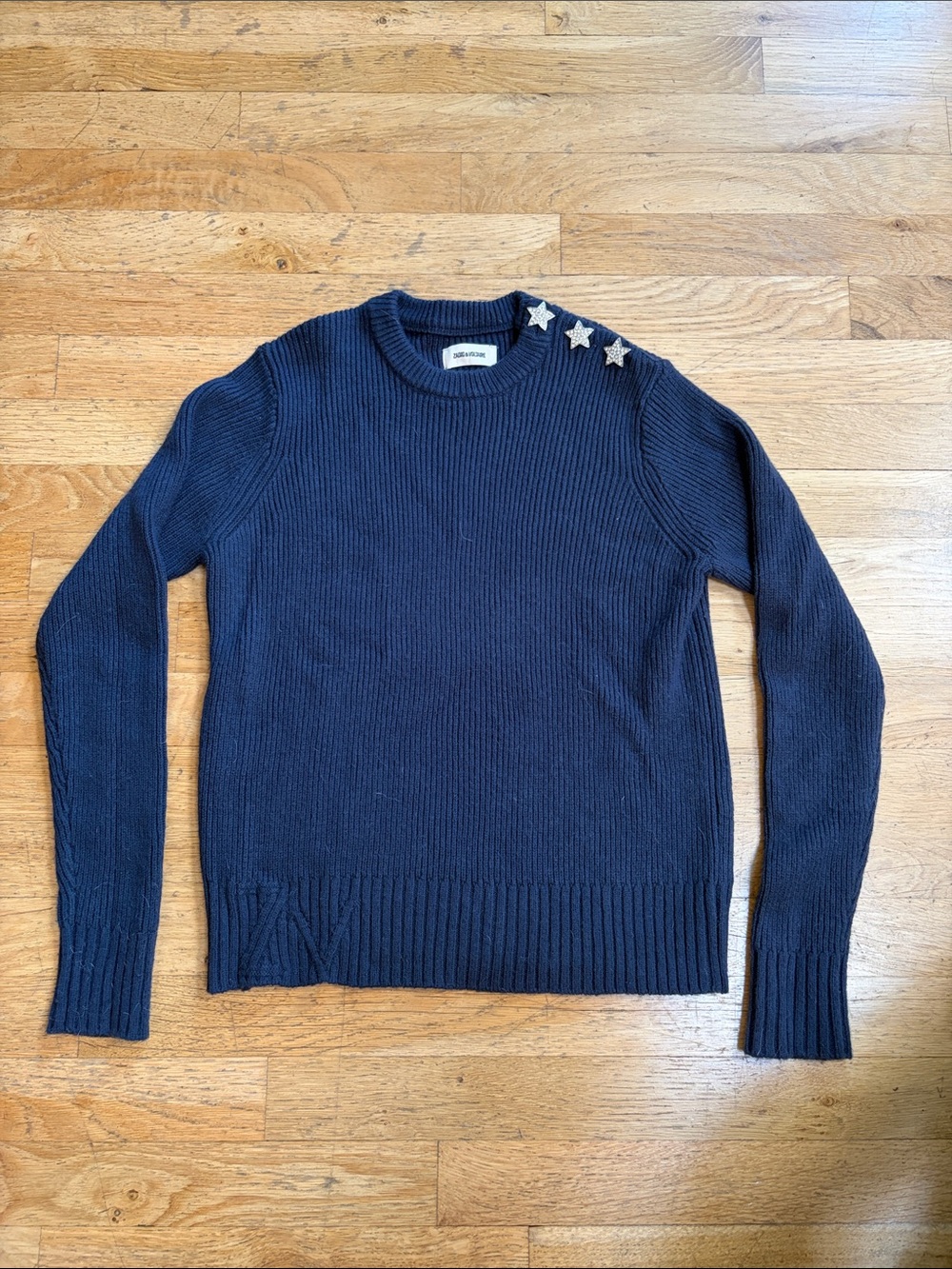 Cashmere Zadig & Voltaire Navy Ribbed Sweater with Shoulder Star Embellishments